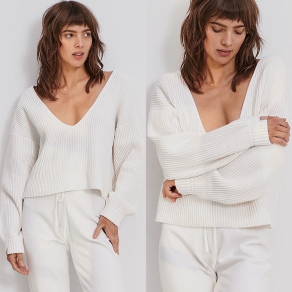 Lunya Reversible Plunge Neck Sweater Cozy Ribbed Texture- Cropped-White- Small - Picture 1 of 7